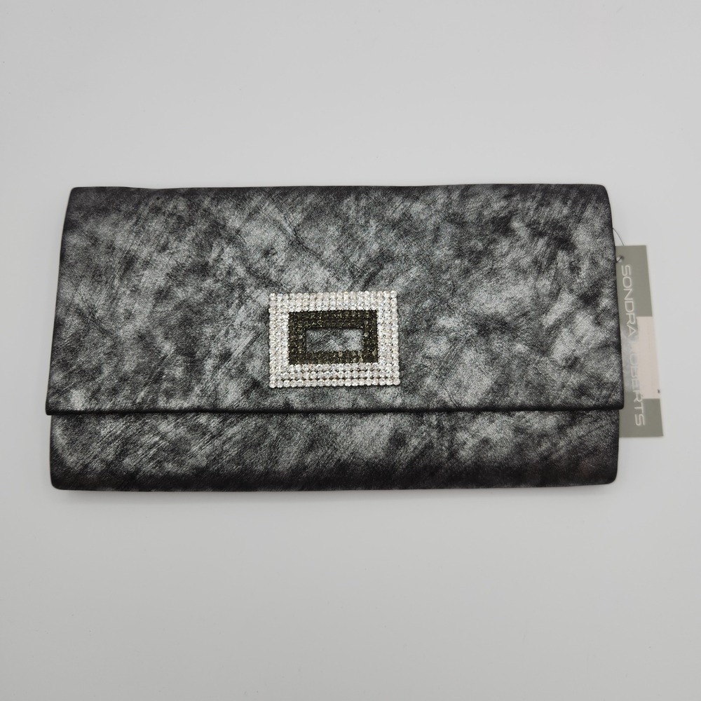 Sondra Roberts Clutch Bag Womens Black Metallic Rhinestone Buckle Silver Chain